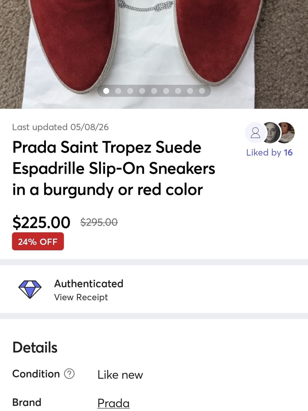 Prada Saint Tropez SuedeEspadrille Slip-On Sneakers in a burgundy or red color - Picture 2 of 8